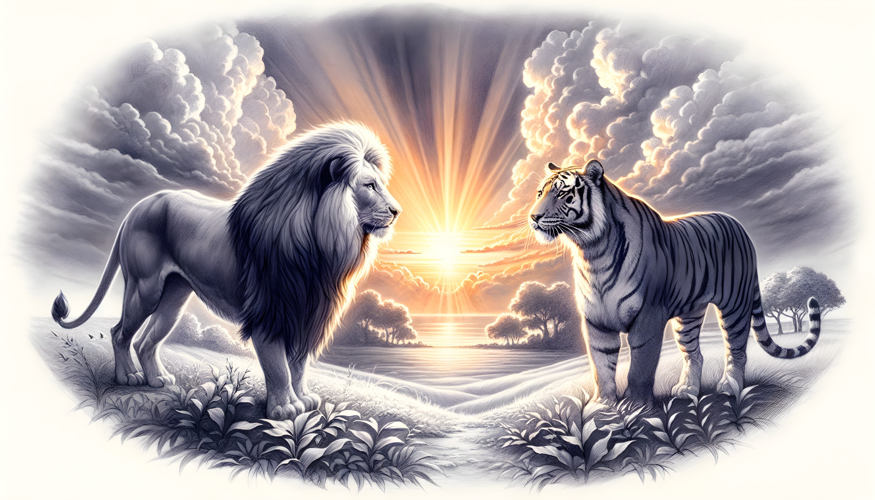Monochrome illustration of lion and tiger facing off under dramatic sky