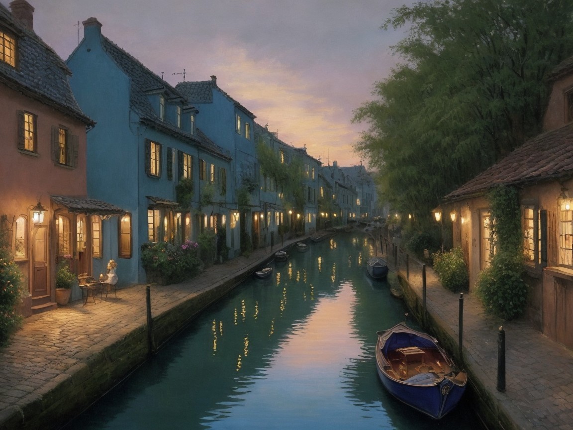 Twilight Scene of a Charming Canal with Quaint Houses