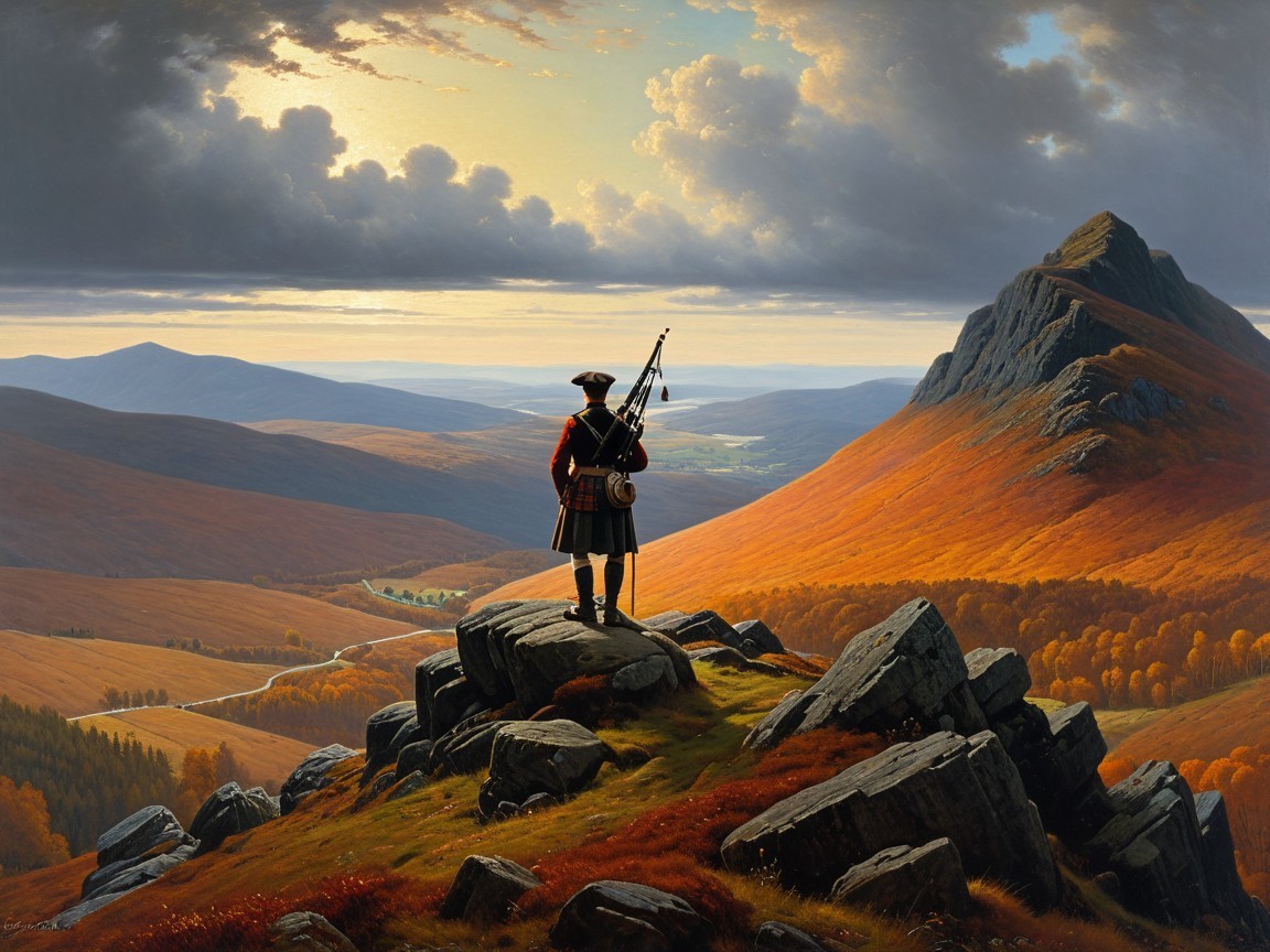 Scottish Piper on Rocky Outcrop Over Autumn Landscape