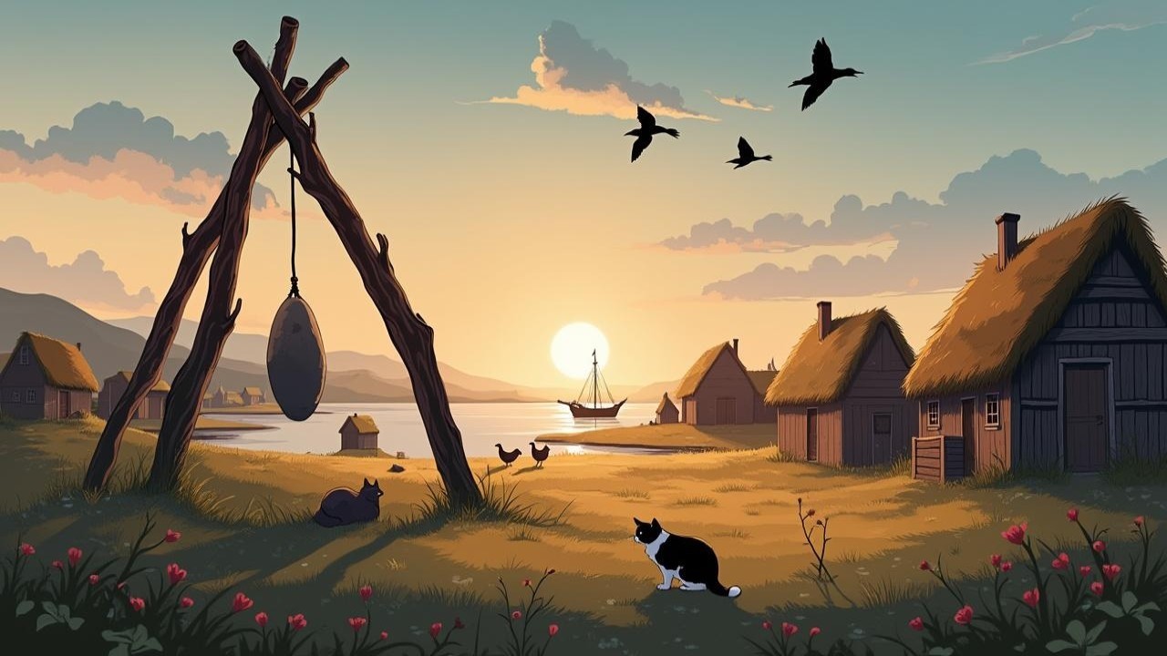 Serene Sunrise Landscape with Village and River