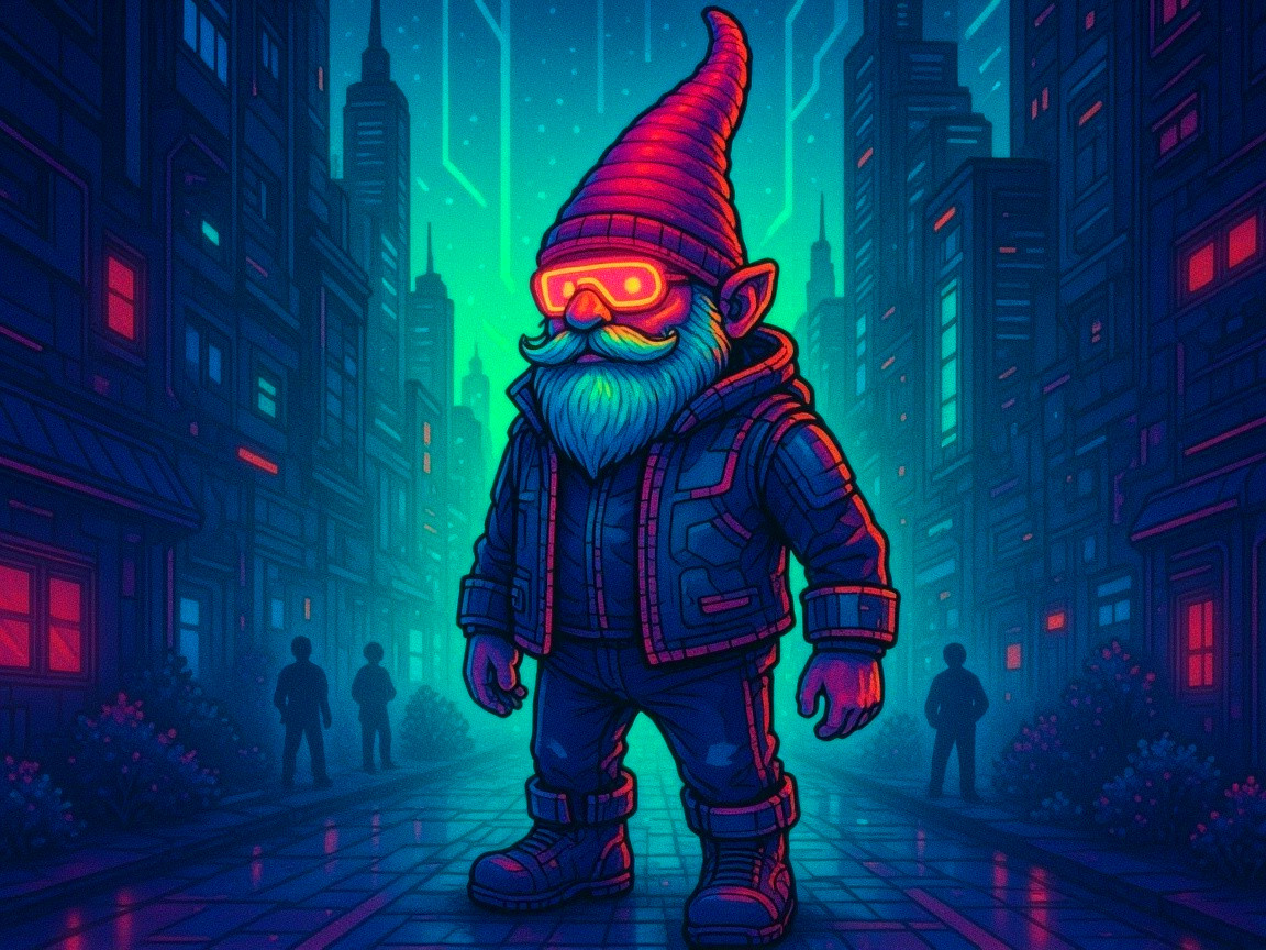 Futuristic gnome in neon-lit cityscape setting