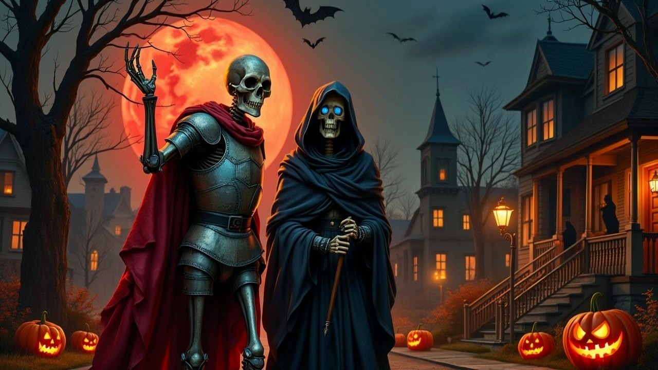Halloween Scene with Skeletal Figures and Moonlight
