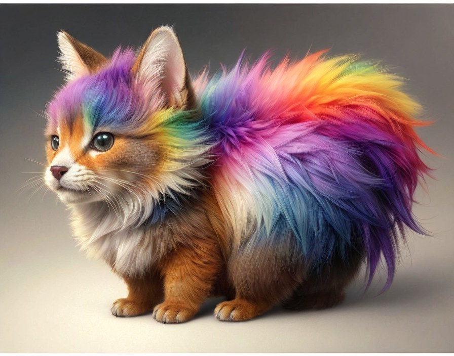 Whimsical Cat with Rainbow-Colored Fluffy Coat