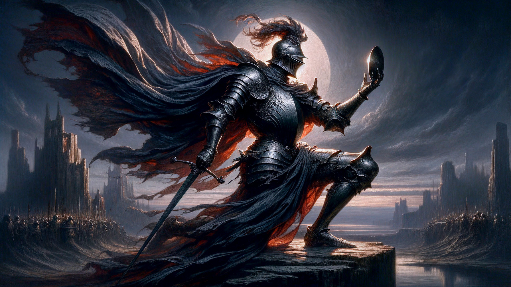 Knight on Rocky Outcrop with Gleaming Orb and Castles