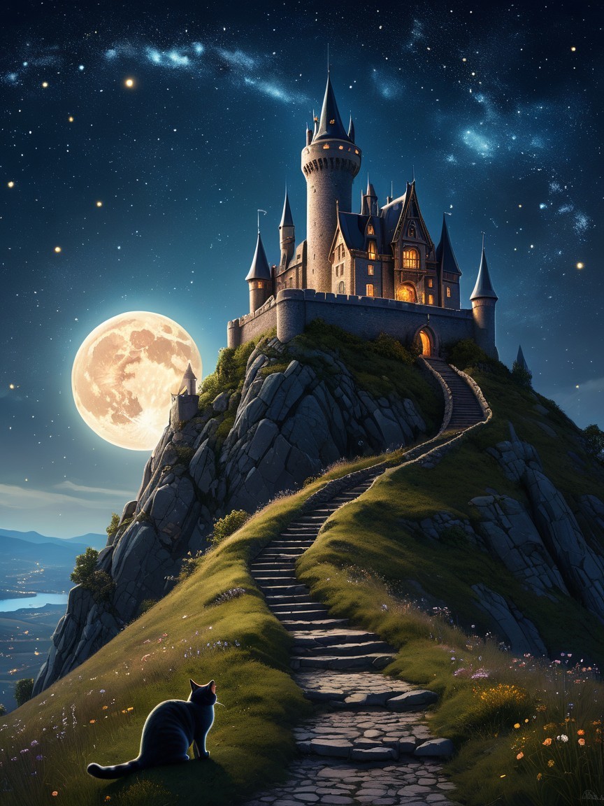 Castle on a Hill Under Moonlight with Black Cat