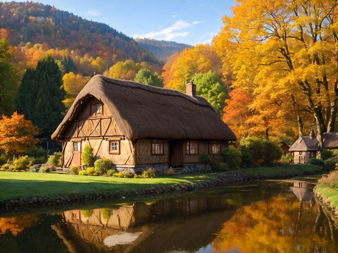 Cottage by Pond Surrounded by Autumn Foliage