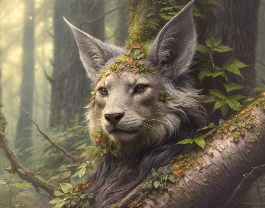 Lynx-Headed Creature Surrounded by Forest Elements