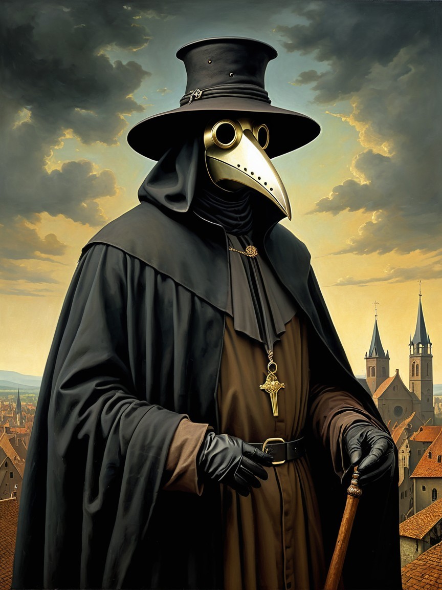 Mysterious Figure in Plague Doctor Mask and Cloak