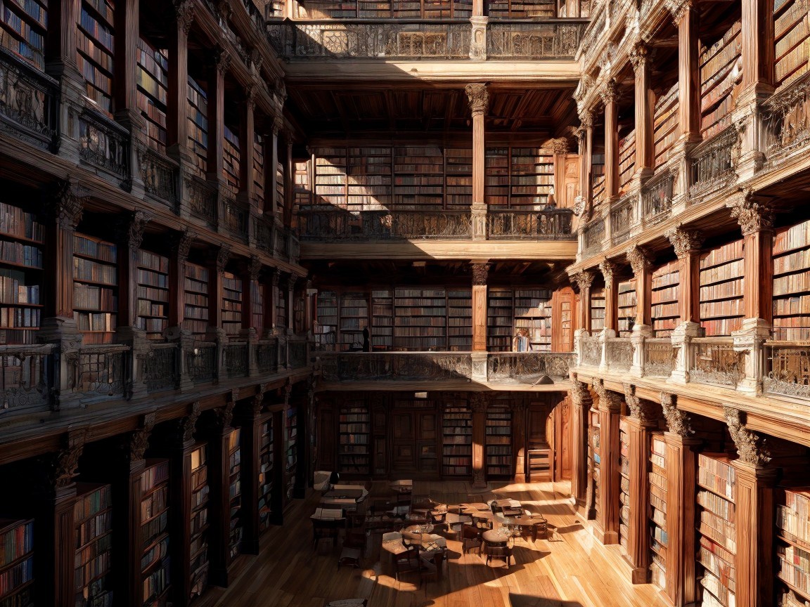 Ornate library with towering shelves and sunlight streaming