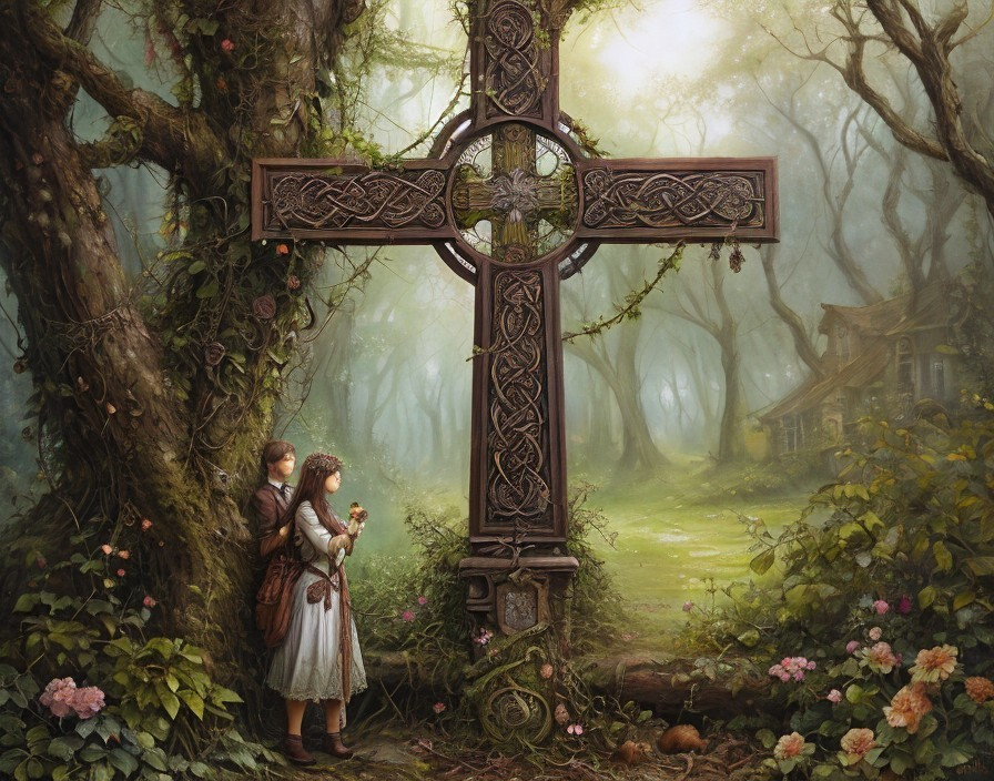 Mystical Forest Scene with Enchanted Cross and Figures