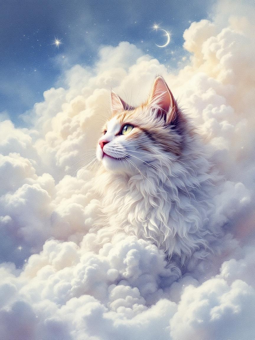 Majestic Cat Surrounded by Clouds and Stars