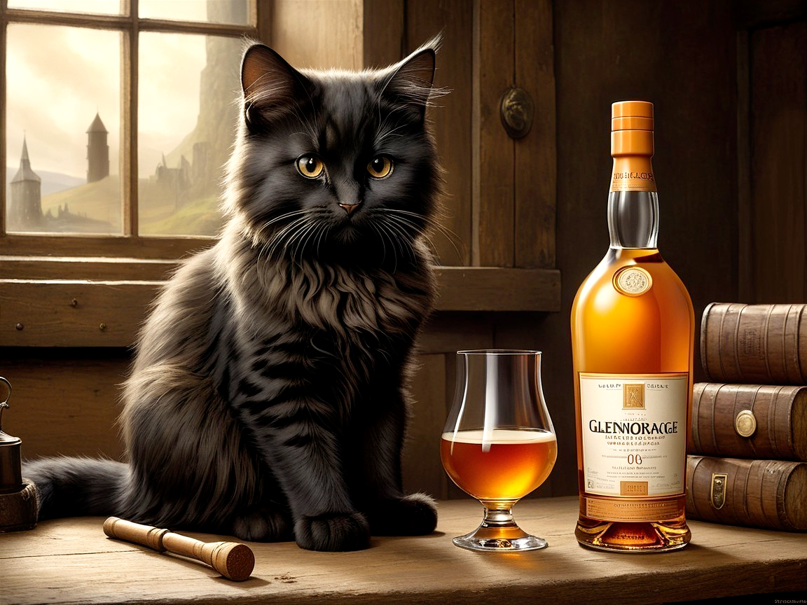 Black Maine Coon Cat on Table with Whiskey and Castle View
