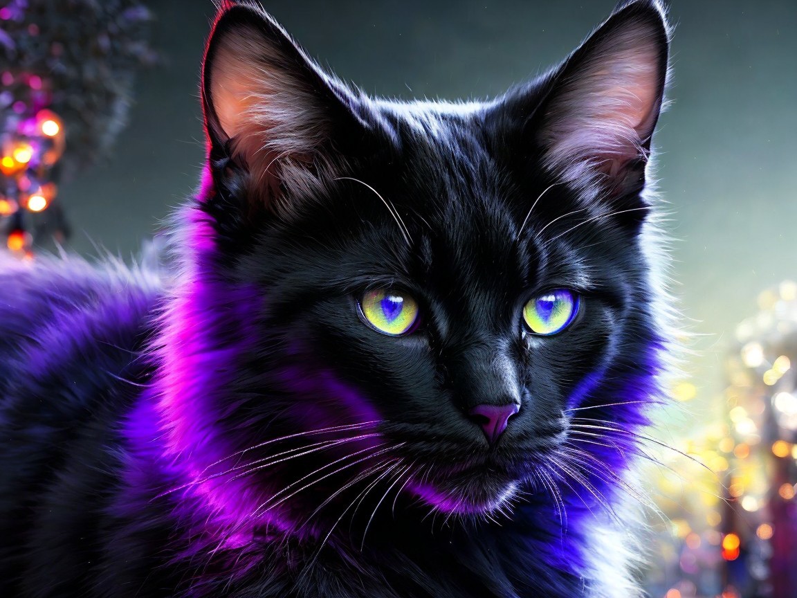 Black Cat with Fluffy Coat and Bright Eyes in Dreamy Scene