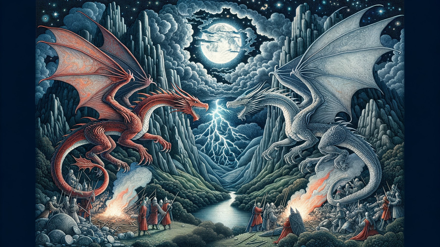 Dragons Clash in Mountainous Landscape Under Full Moon