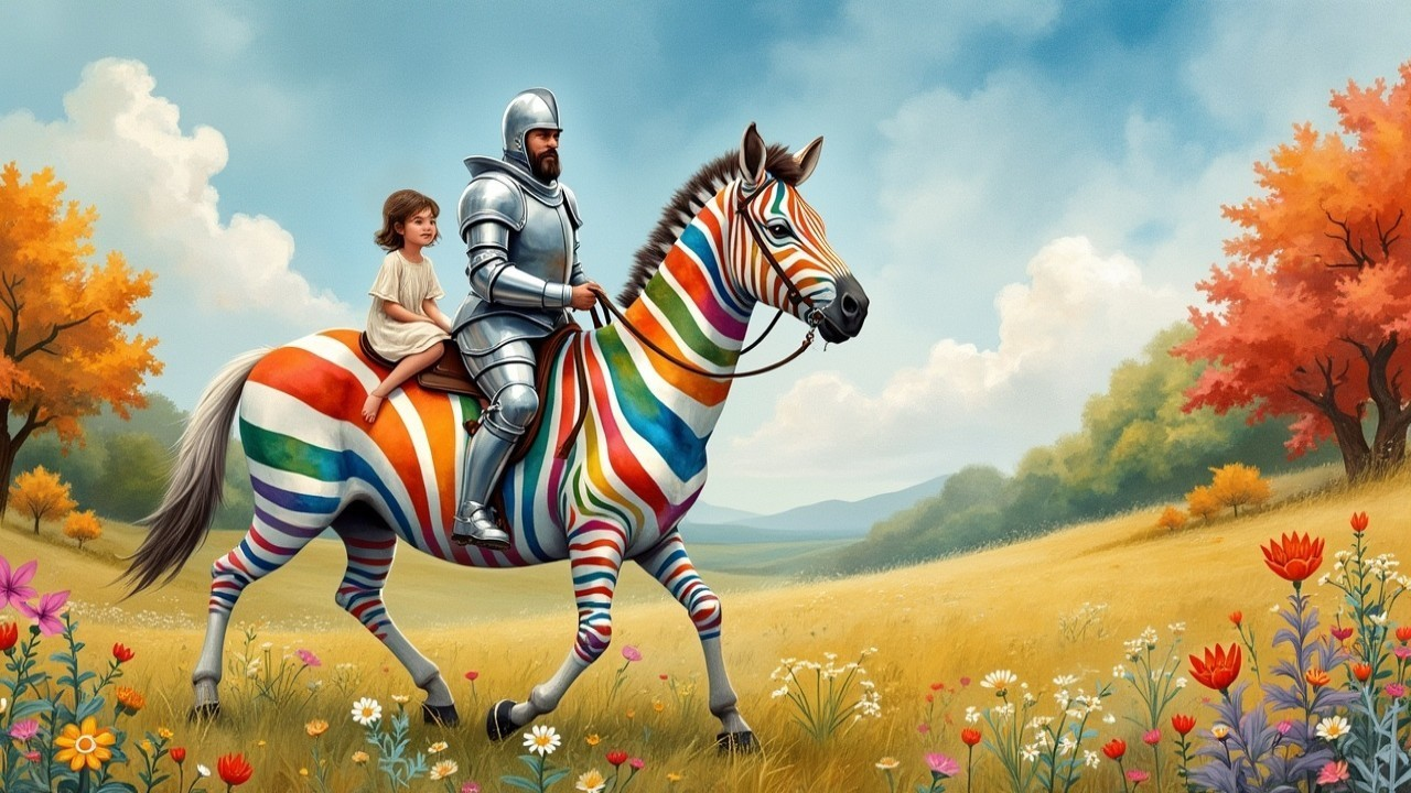 Knight on Zebra in Colorful Meadow Scene