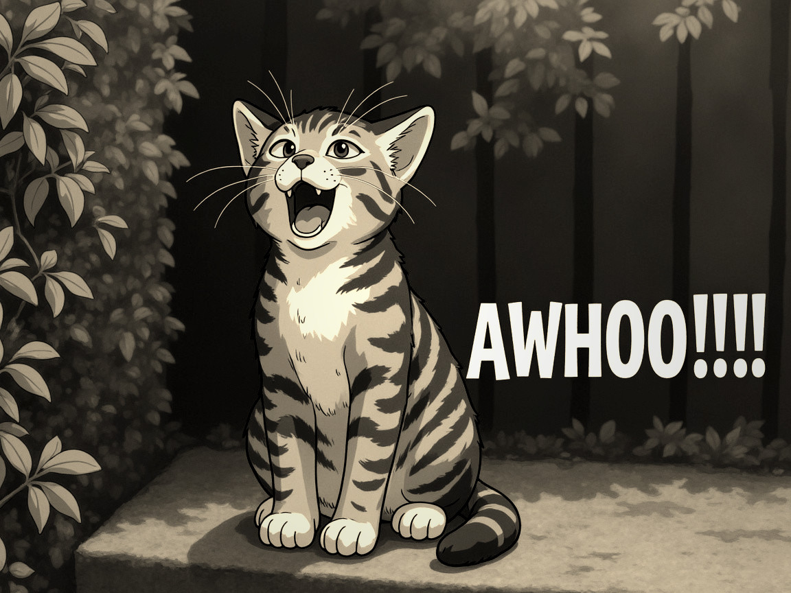 Cartoon Illustration of Excited Striped Kitten