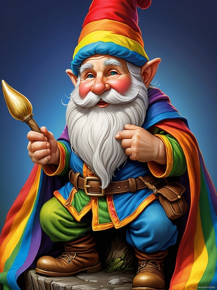 Cheerful gnome on tree stump with colorful attire