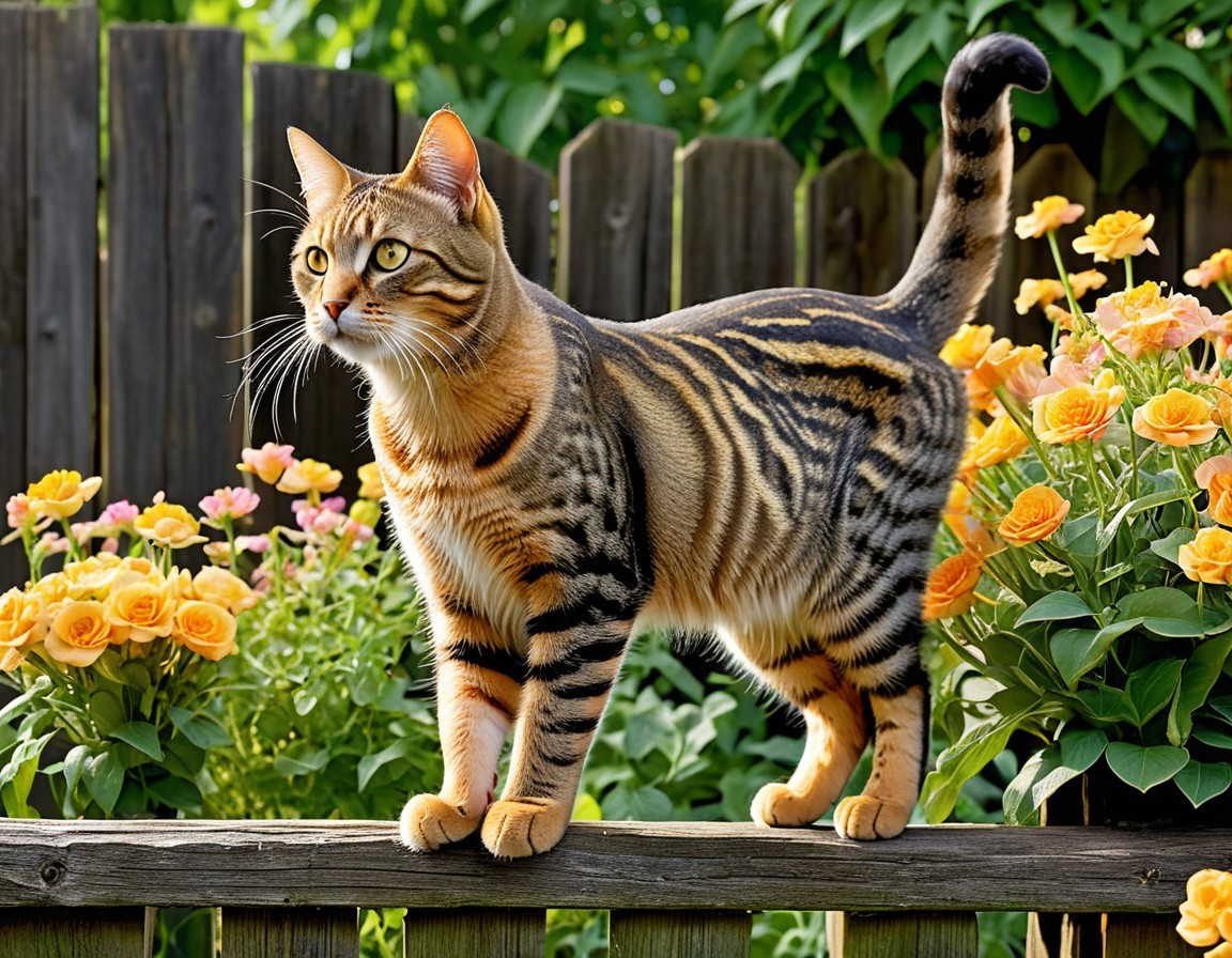 Bengal Cat on Wooden Fence Among Yellow Flowers