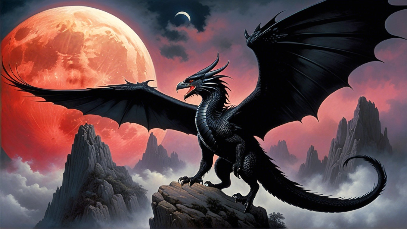 Black dragon on rocky cliff under red moonlight