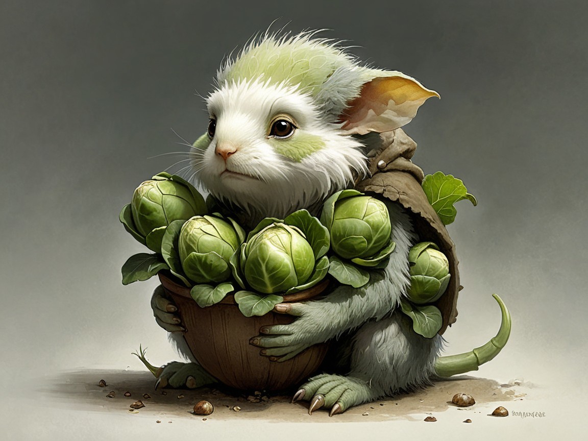 Whimsical creature with cabbages in a charming scene
