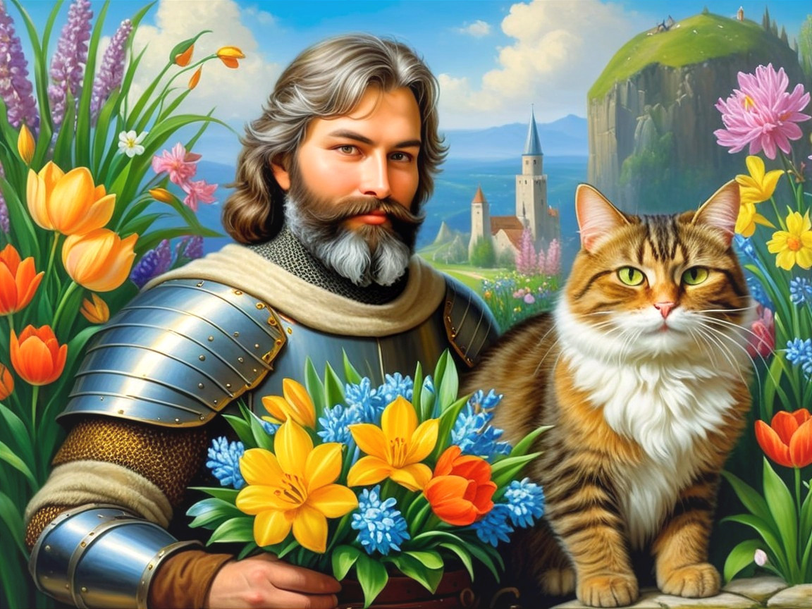 Knight in Armor in Colorful Garden with Cat