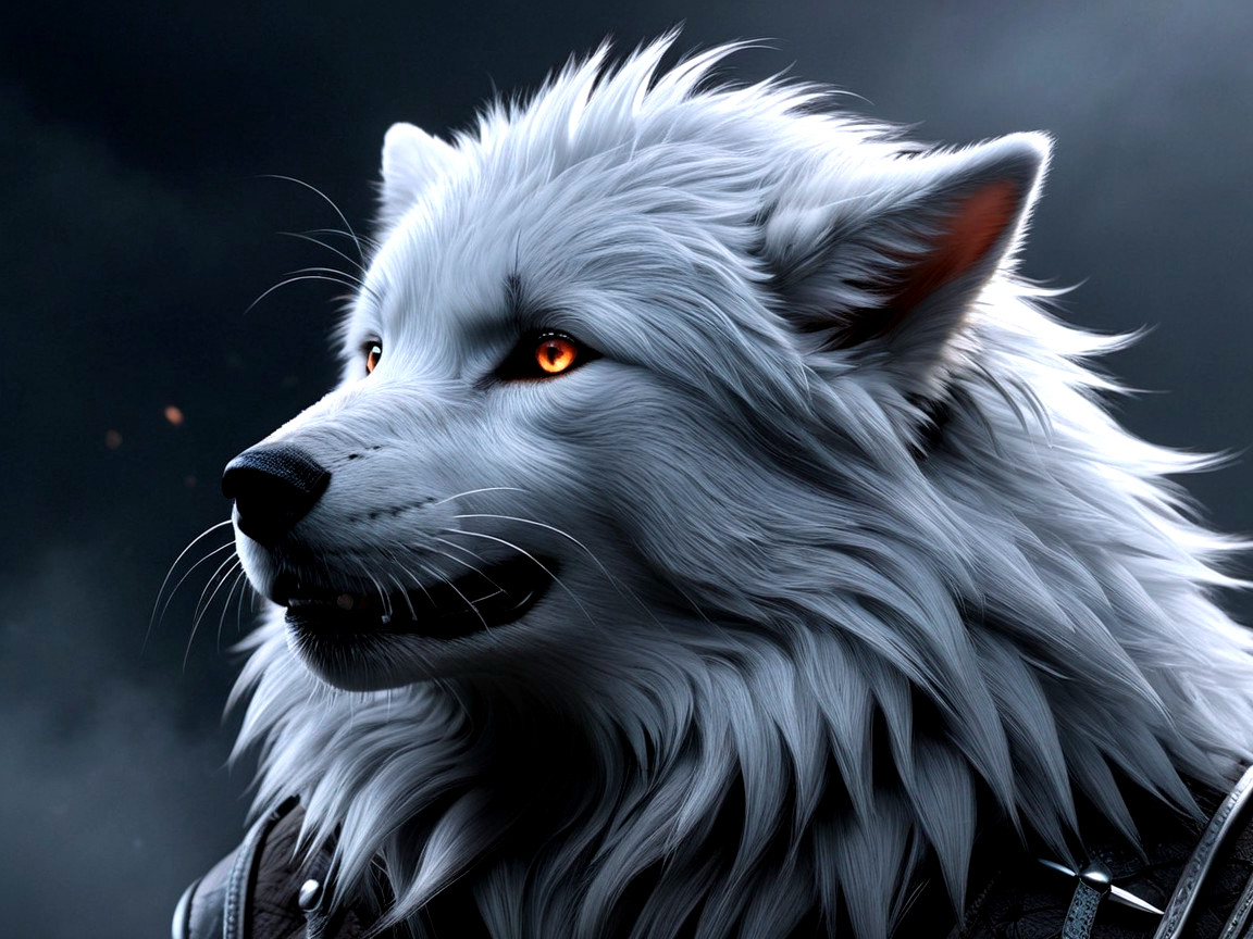 Majestic white wolf with golden eyes in smoky backdrop