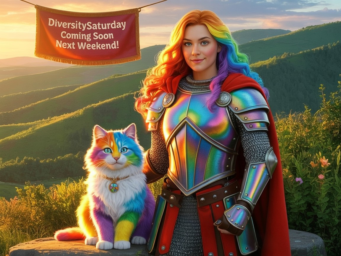 Knight in Rainbow Armor with Colorful Cat at Sunset