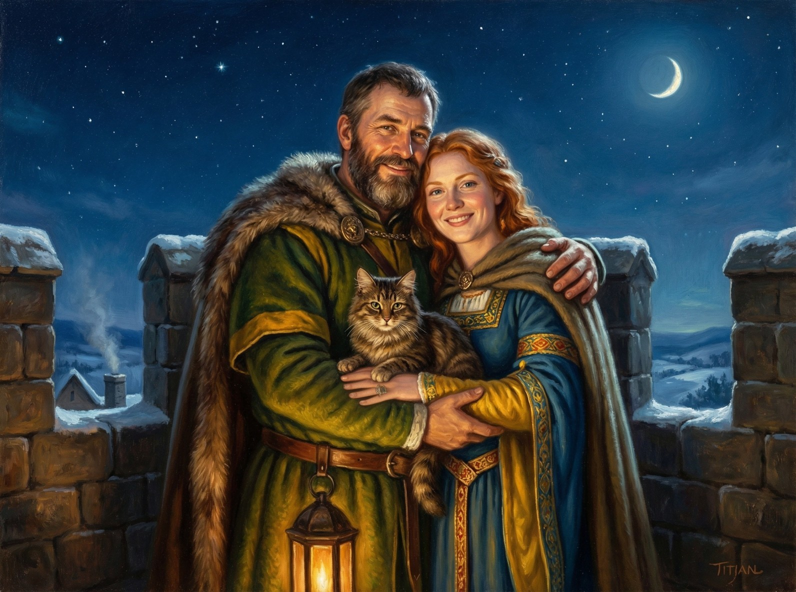 Medieval Scene with Man, Woman, and Tabby Cat at Night