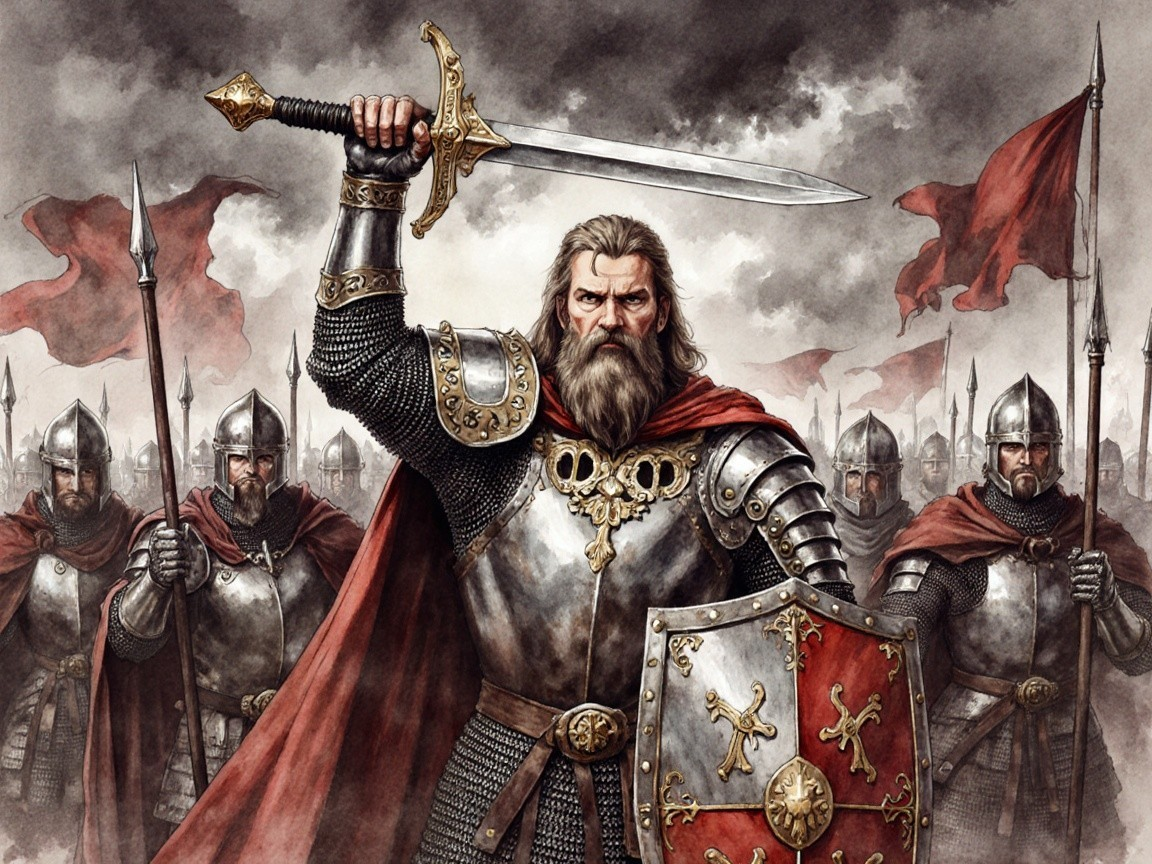Heroic Warrior with Sword and Armored Soldiers