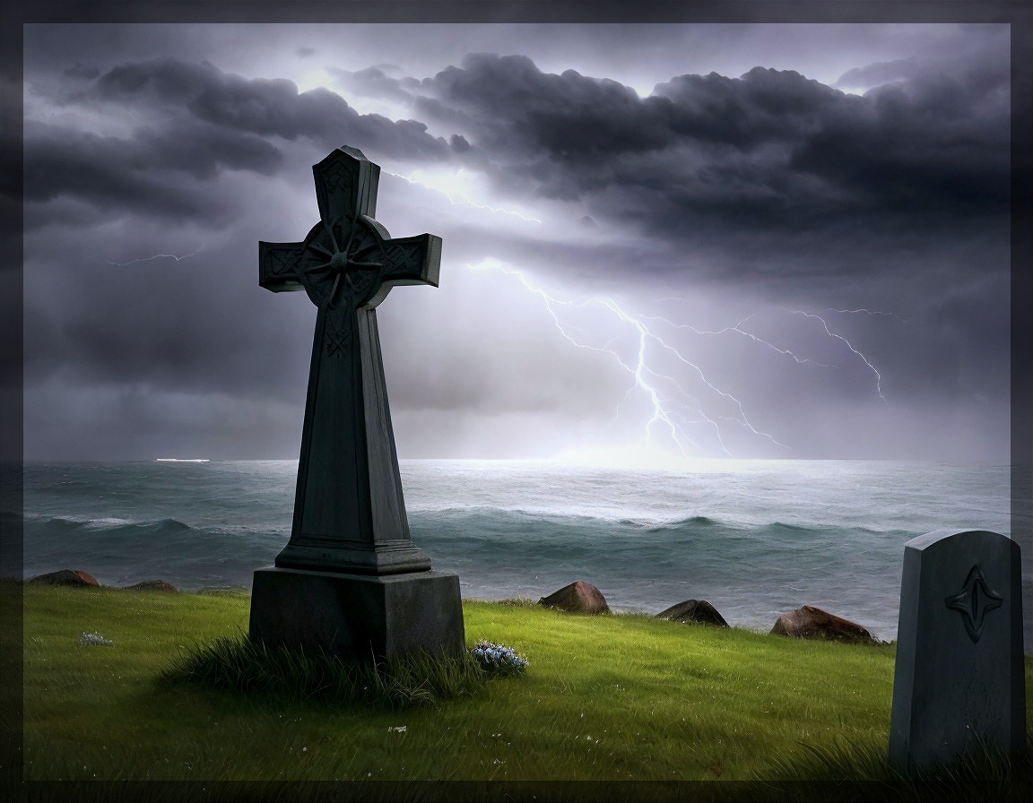 Stormy Seascape with Lightning and Graveyard Scene