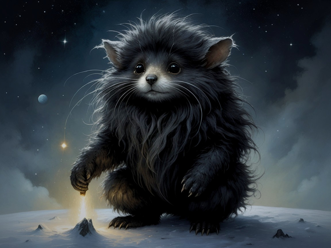 Fluffy Creature on Celestial Landscape with Glowing Object