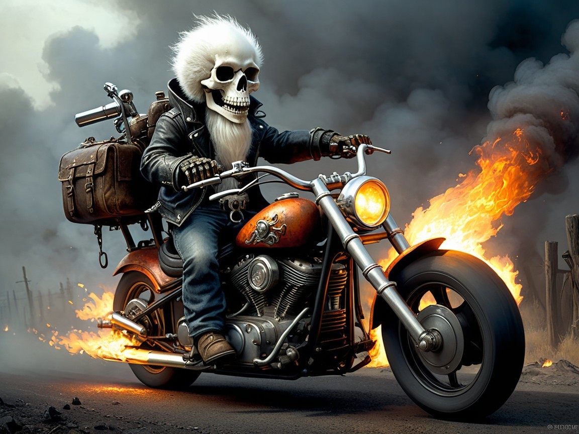 Skeletal Rider on Motorcycle in Fiery Landscape