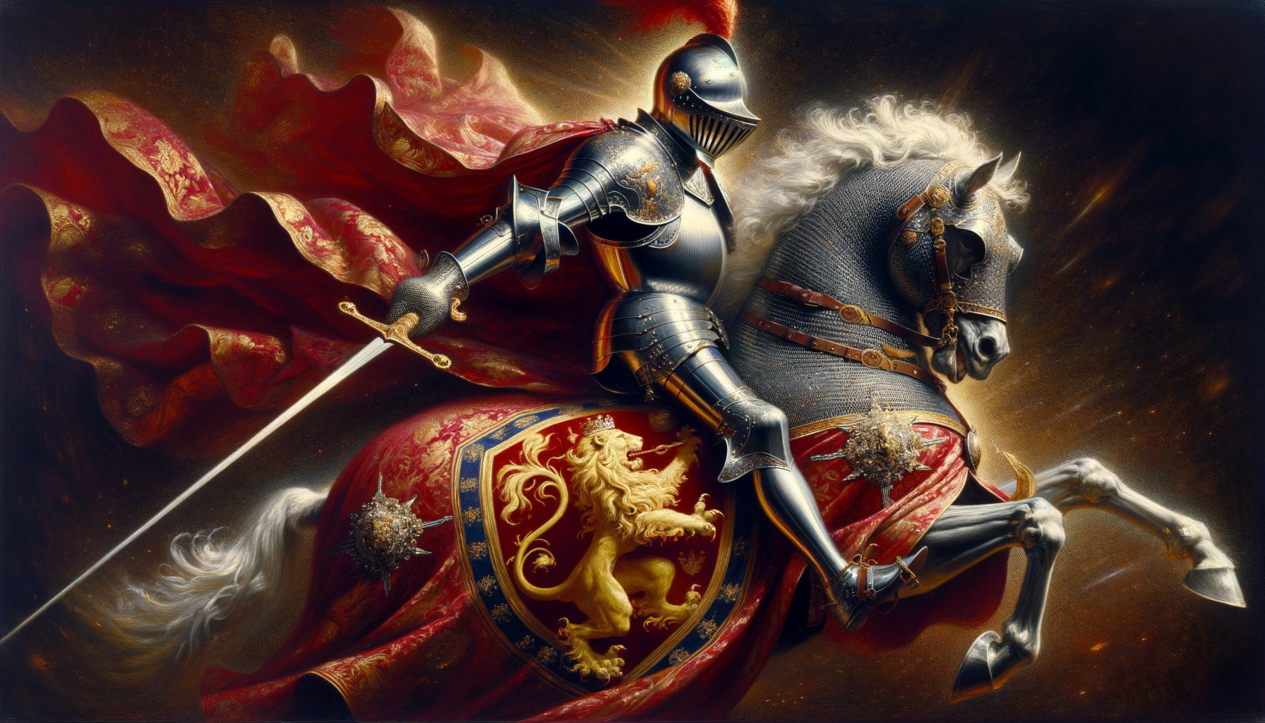 Knight in Armor on Horse with Dramatic Backdrop