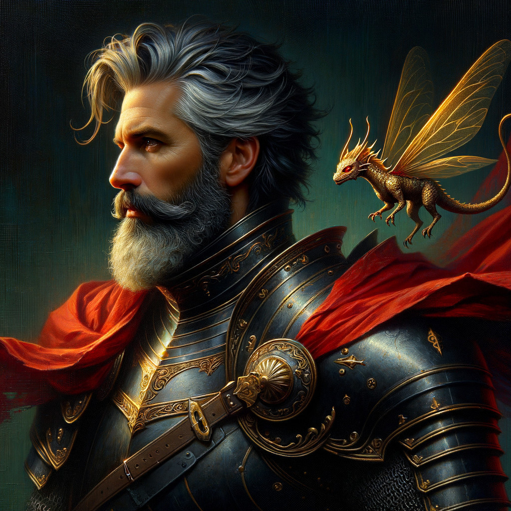 Noble knight in ornate armor with a small dragon