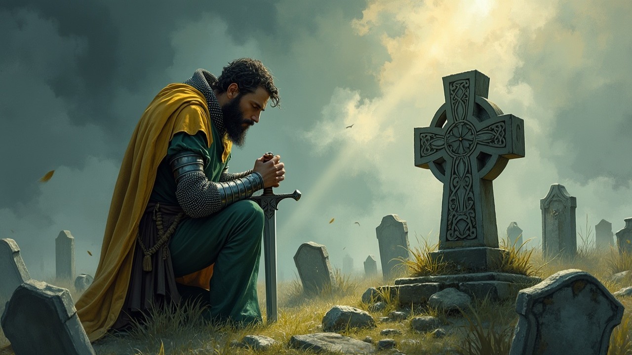 Knight in Graveyard with Celtic Cross and Mist