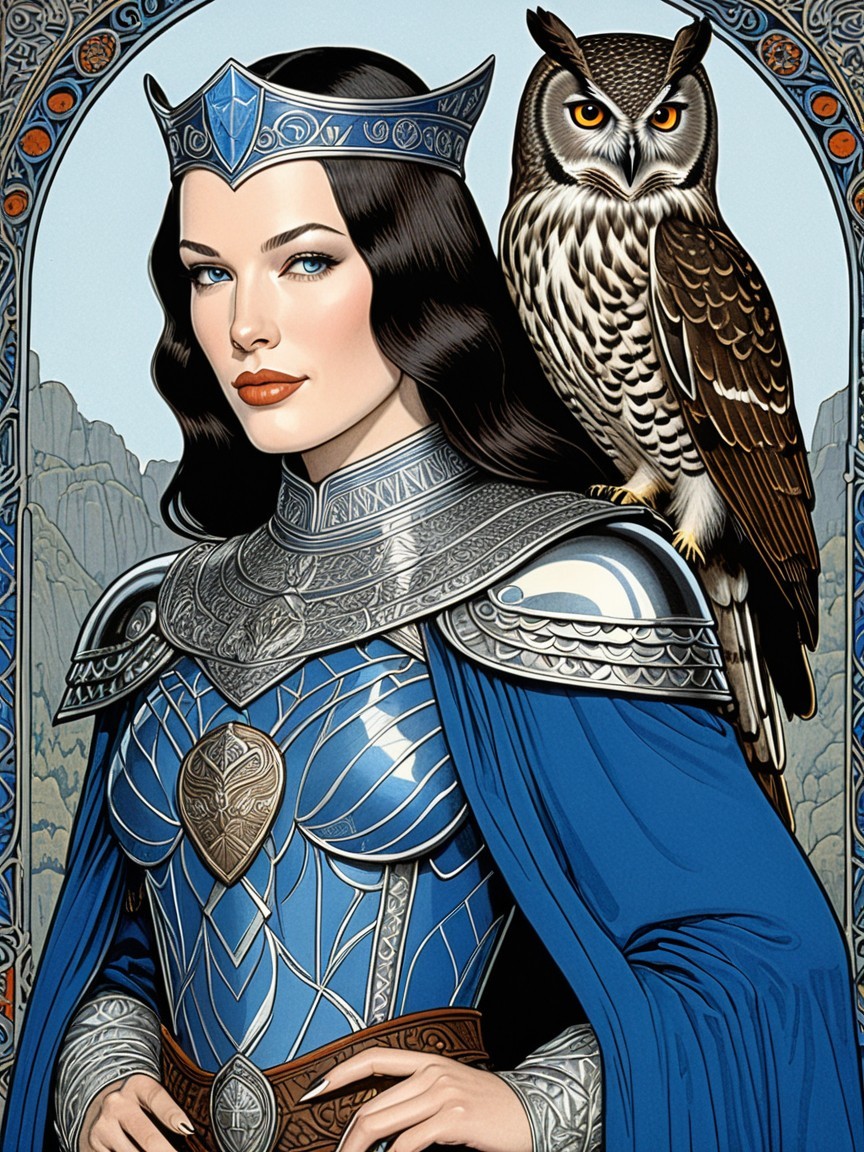 Regal Woman in Blue Armor with Mystical Landscape
