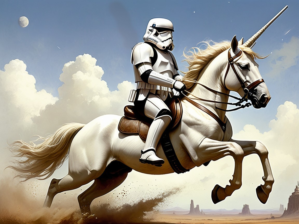 Stormtrooper on Unicorn in Desert Fantasy Scene