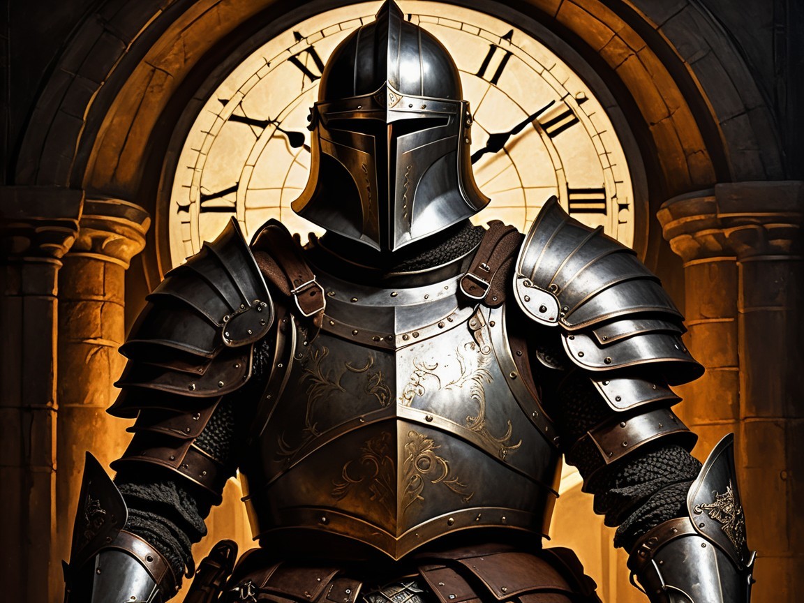 Knight in Shimmering Armor with Grand Clock Background
