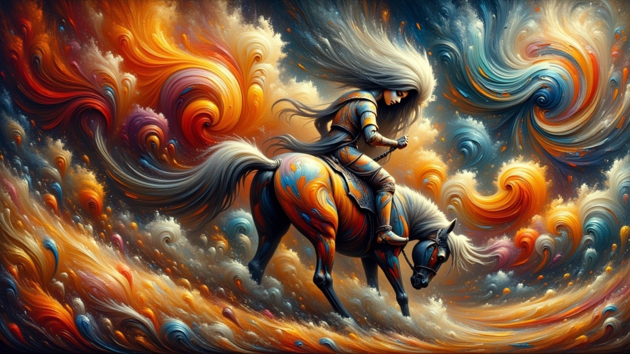 Rider on Horse in Vibrant Cosmic Landscape