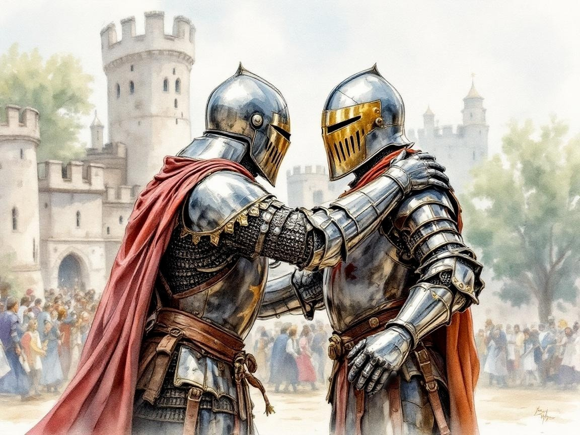 Armored Knights in Camaraderie Near Medieval Castle