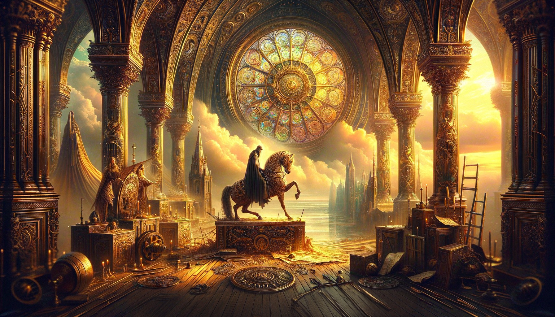 Opulent hall with winged lion statue, intricate pillars, grand ceiling, and artifacts