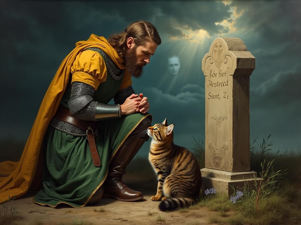Medieval Knight and Tiger Cub in Ethereal Landscape