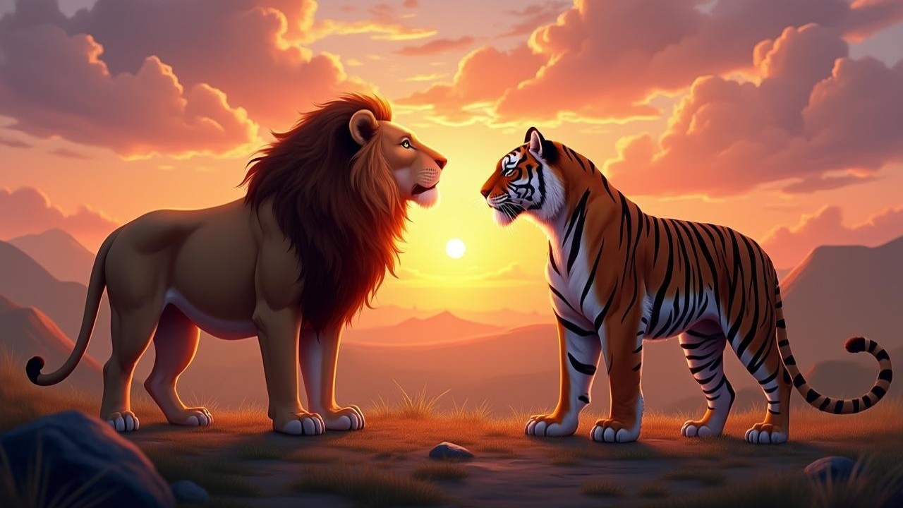 Lion and Tiger in Vibrant Sunset Landscape