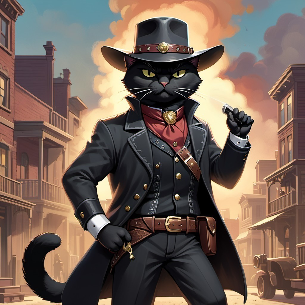 Anthropomorphic Cat Sheriff in Wild West Town with Hat and Badge
