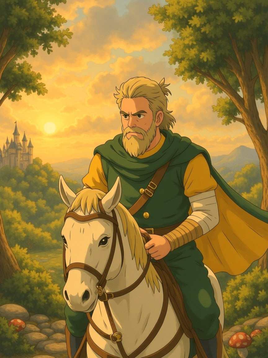 Rugged Warrior on White Horse in Vibrant Forest