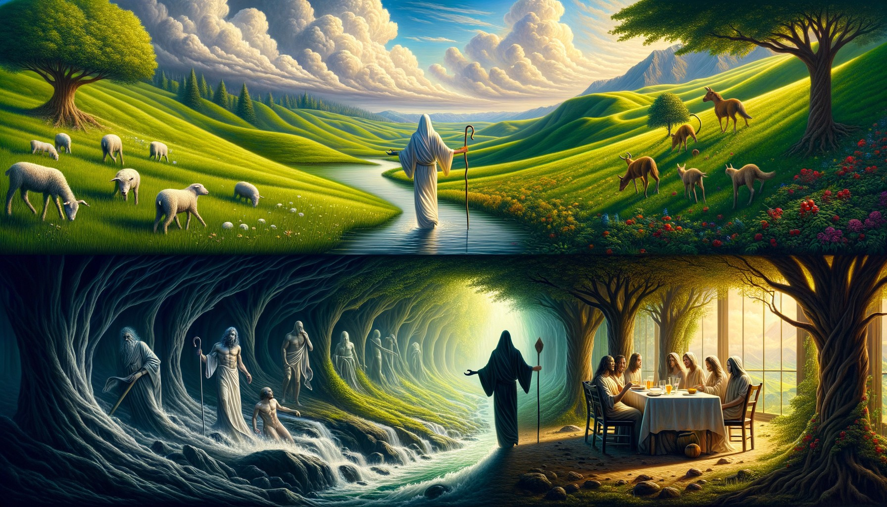 Illustration of Sunny Pastoral Landscape and Dark Mystical Underworld