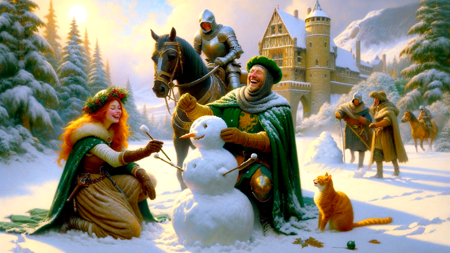 Couple Builds Snowman in Winter Landscape with Castle