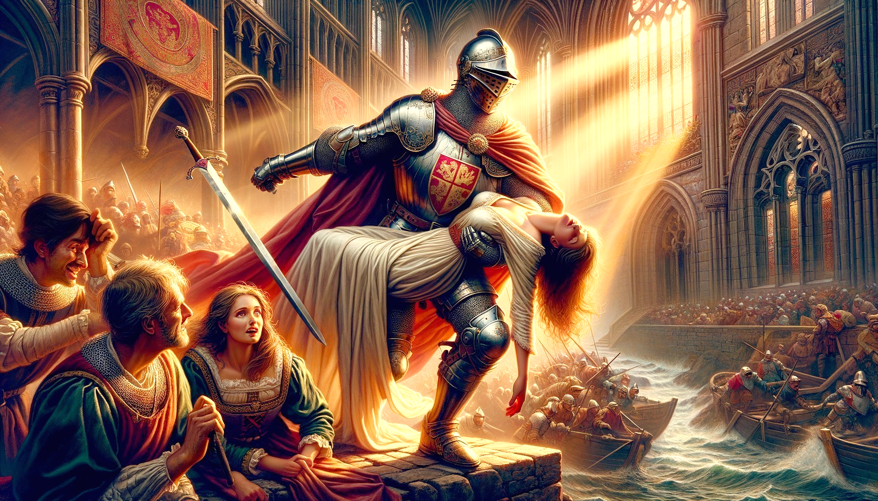 Medieval Knight Embraces Woman in Cathedral Scene
