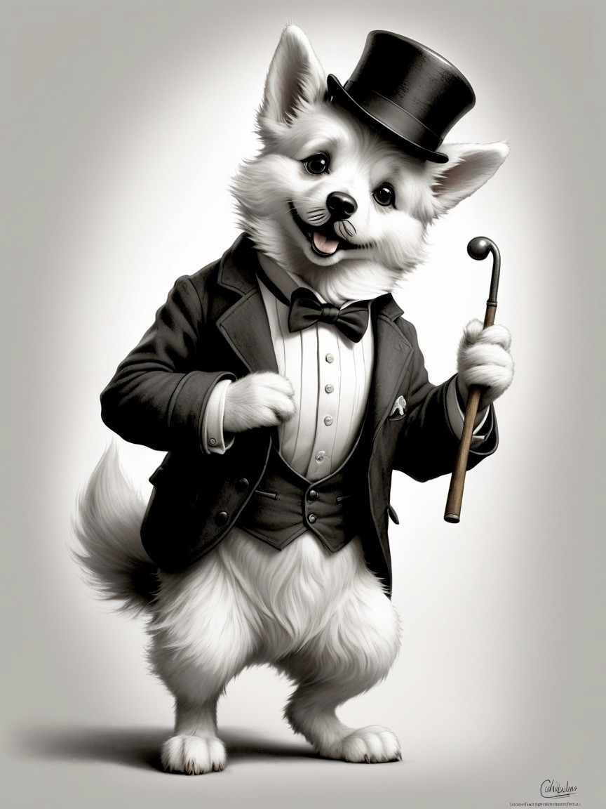 Elegant White Dog in Tuxedo with Cane and Top Hat