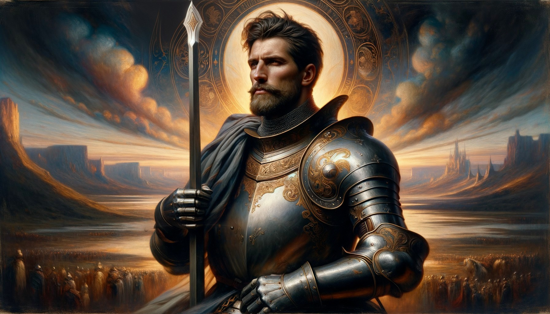 Bearded warrior in ornate armor with spear in fantasy landscape